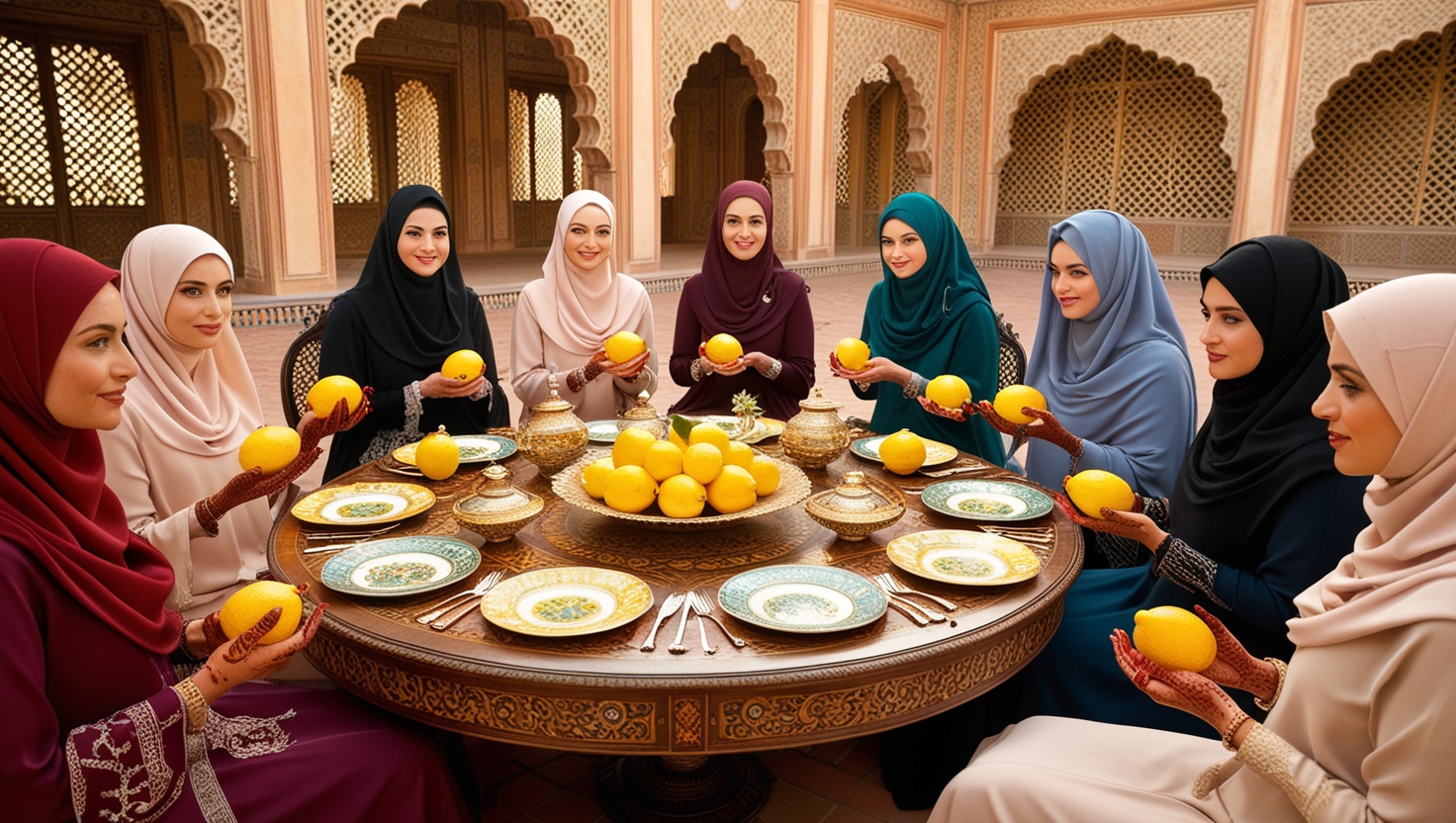 In Zuleikha's palace, all the noblewomen are Muslim and are sitting at a table, and everyone has a lemon and a knife in their hands.